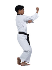 Master Black Belt TaeKwonDo handsome man instructor Teacher fighter show hit pose, studio lighting white background isolated.  White formal fighting suit, motion blur hand foots on taekwondo post.