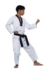 Master Black Belt TaeKwonDo handsome man instructor Teacher fighter show hit pose, studio lighting white background isolated.  White formal fighting suit, motion blur hand foots on taekwondo post.