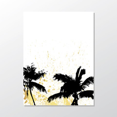 Black and gold palm trees on white background. Exotic leaves.Summer placard poster flyer invitation card.