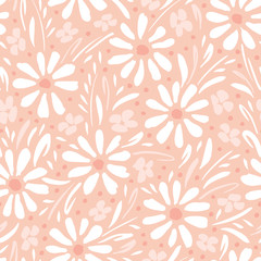 Monochrome hand-painted daisies and foliage on peach pink background vector seamless patters. Spring summer floral print