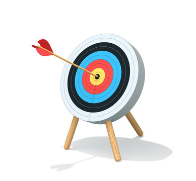 Archery Target With Arrow Isolated On White. Clipping Path Included