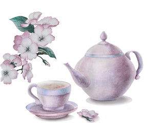 Watercolor illustration in pink colors with a cup of tea,  teapot and blooming twig of cherry. Gentle greeting card, invitation for your design.