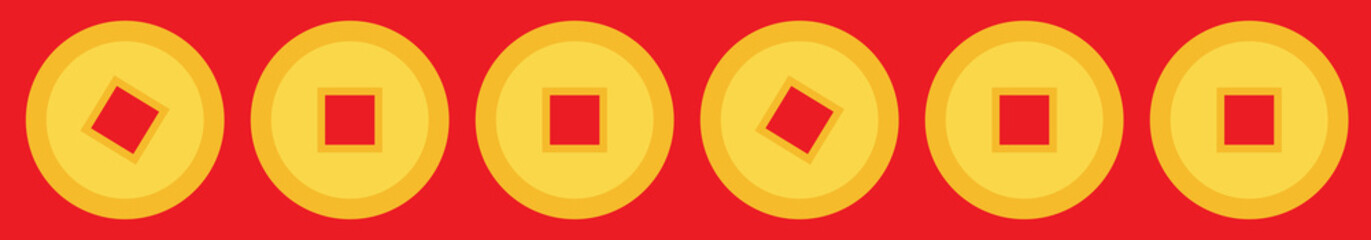 Chinese coin set line. Pattern China gold money square centre. Golden coin with hole. Happy New Year symbol atribute. Red background. Flat design.