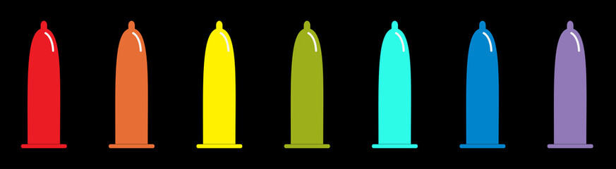 Condom rainbow icon set line. Protection. Flat design. Black background. Isolated.