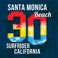 Santa Monica beach. College Surf spot California typography, t-shirt graphics, vectors, number print thirty