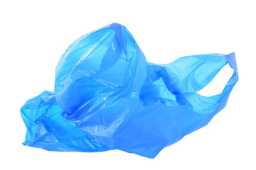 Blue plastic bag isolated on white concept image to plastic pollution