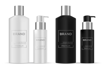 Round white, black, gold, grey and silver plastic bottle set with dispenser for  liquid soap, lotion, shampoo, shower gel, lotion, body milk.  Realistic packaging mockup template. Side view.  Vector i