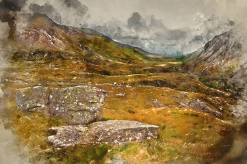 Watercolor painting of View along Nant Francon valley Snowdonia National Park landscape