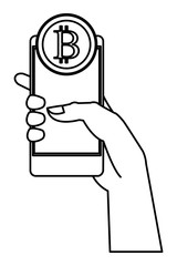 hand holding cellphone with cryptocurrency black and white