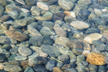 Background of sea colored stones under water.