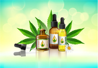 Marijuana plant and cannabis oil drop, bottle vector.