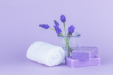 Violette Traubenhyazinthen in einem Glas vor lila Hintergrund, daneben ein Handtuch und Seife.