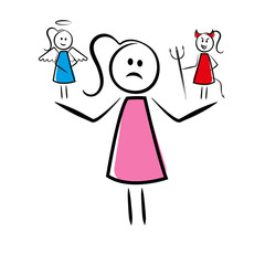 Frau mit Engel und Teufel auf den Schultern