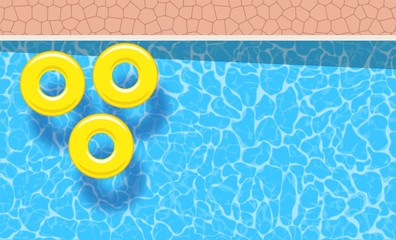 Fototapeta na wymiar Three yellow pool rings floating in a swimming pool. Poster template for summer holiday. Summer pool party banner with space for text. Vector illustration in flat style
