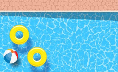 Fototapeta na wymiar two yellow pool rings and ball floating in a swimming pool. Poster template for summer holiday. Summer pool party banner with space for text. Vector illustration in flat style