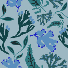 Seamless pattern with abstract seaweed. Hand drawn repeat background. Flat style illustration.