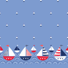 Obraz na płótnie Canvas Whimsical Hand-Drawn Ships in the Sea Vector Seamless Border and Pattern. Cute Nautical Marine Background. Crayons