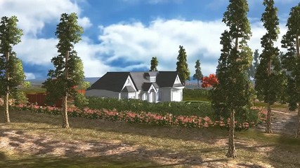 Animation of moving panoramic view of a country house, beautiful flowered garden and tall trees, the is a blue sky with moving clouds. - Powered by Adobe