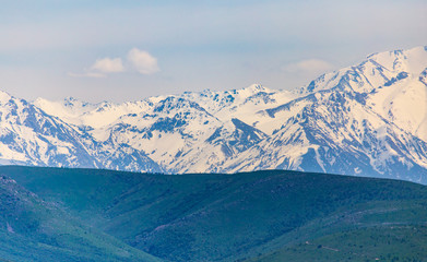 Snowy peaks of mountains in spring in Kazakhstan
