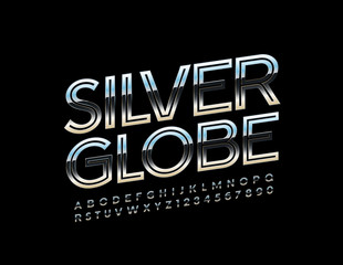 Vector stylish logo Silver Globe with reflective Font. Uppercase metallic Alphabet Letters and Numbers