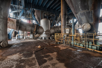 scene and details of an abandoned steel furnace building