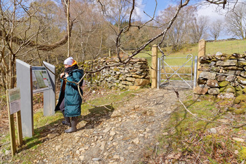 Fototapeta na wymiar Tourist at the entrance on a tourist trail in the mountains of Snowdonia. Wales, UK