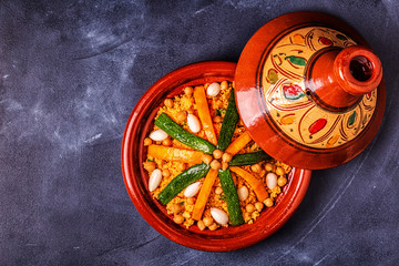Vegetable tagine with almond and chickpea couscous