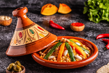 Vegetable tagine with almond and chickpea couscous.