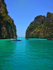 Thailand , Phuket, view from the beach to the Islands and the sea with boats , first person view