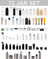   Set vector blank templates of empty and clean multicolor plastic and glass containers:  bottles with spray, dispenser and dropper, cream jar, tube.  Realistic 3d mockup of cosmetic package. Vector i - obrazy, fototapety, plakaty
