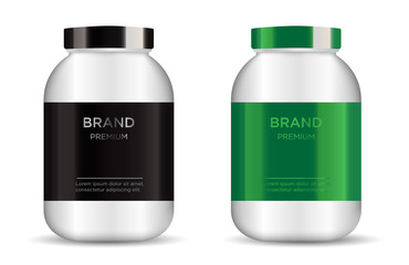 Vector illustration with the image of packing set. Package design.  Mock up image. Sport Nutrition Containers. With green and black label and lid.  Plastic Jars and foil package and drink bottle. Vect