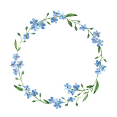 akwarela niebieski wieniec Niezapominajka z zielonymi liśćmi na białym tle - 262441324