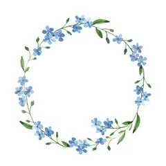 watercolor blue wreath of forget-me-not with green leaves on white background © Kateryna