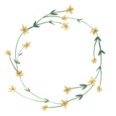 watercolor yellow wreath of wildflowers with green leaves on white background for greetings card