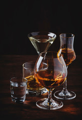 Strong Spirits Set. Hard alcoholic drinks in glasses in assortment: vodka, cognac, tequila, brandy and whiskey, grappa, liqueur, vermouth, tincture, rum. 