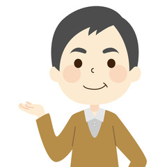 片手を上げる　中年男性