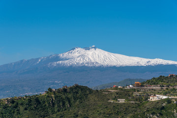 View of Snow Capped Mt. Etna at Sunset from Sicily, Italy