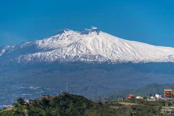 View of Snow Capped Mt. Etna at Sunset from Sicily, Italy