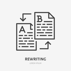 Text rewriting flat line icon. Translation, illustration of article spellchecking. Thin sign of documents editing, copywriter logo