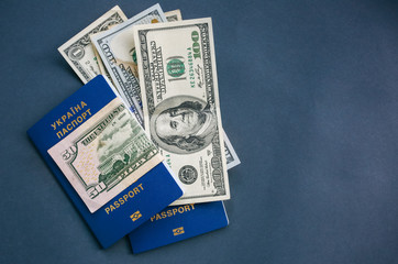 Foreign passport and money. Travel concept photo. Holidays in the USA and new countries. Dollars banknotes.