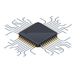 Processor or electronic chip on circuit board with conductive tracks and soft realistic shadow. Isometric vector illustration