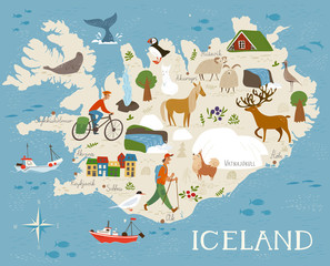 Vector high detailed vector map of Iceland with animals and landscapes. Animals of north. 
