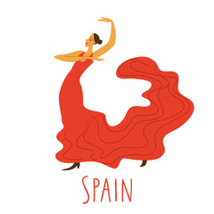 Vector spanish dancer  in red dress dancing flamenco. 
