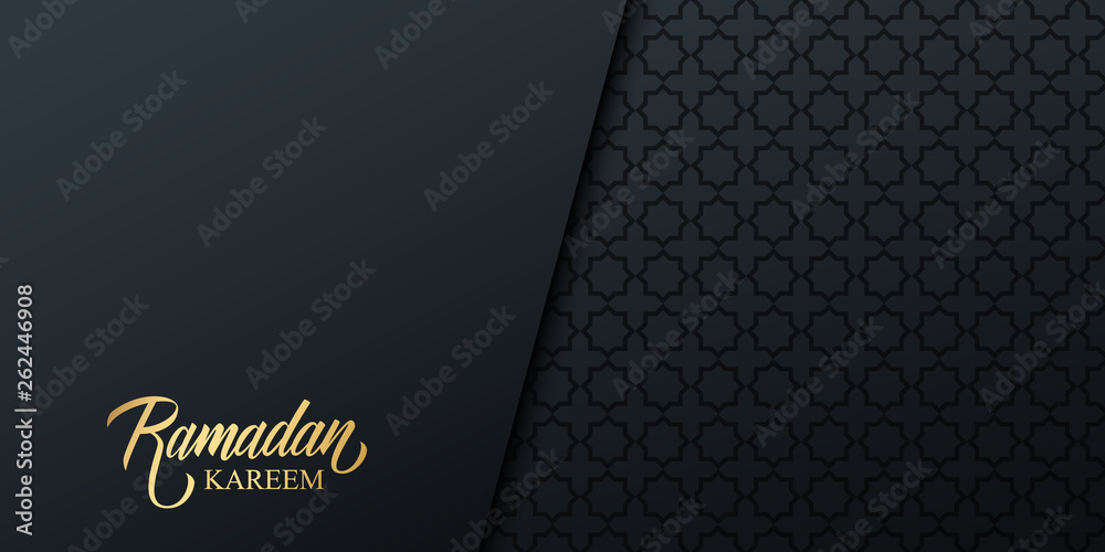 Wall mural Ramadan holiday banner with gold handwritten inscription Ramadan Kareem and black arabic pattern. Vector illustration