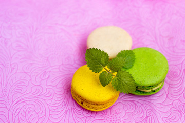Macaroons fresh colorful close up. French dessert food background.