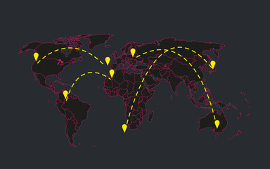 Cartoon pictures of world map infographic template and navigaton icon on background. All countries are selectable.Can use for printing, website, presentation element, textile.Vector illustration.