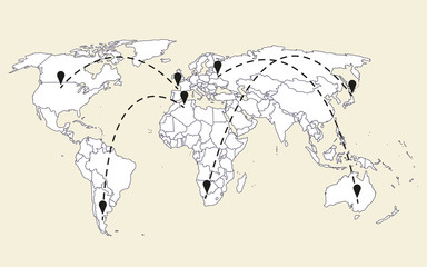 Cartoon pictures of world map infographic template and navigaton icon on background. All countries are selectable.Can use for printing, website, presentation element, textile.Vector illustration.