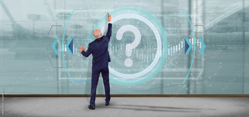 Poster man holding a technology question mark icon on a circle 3d rendering