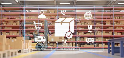 Logistic delivery service application on a warehouse background 3d rendering