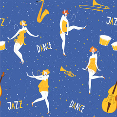 Vector dance seamless pattern with cute dancing women